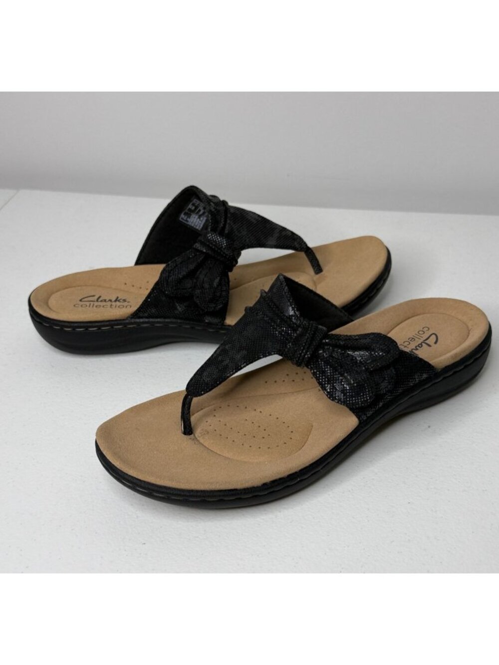 Clarks Collection Black Bow Comfort Flip Flops Thong Sandals Size 8